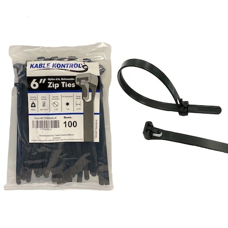 Kable Kontrol Cable Tie, 6 in L, 1-1/4 in Max Bundle Dia., Black, Nylon 6/6, 50 lb Strength, 100 PK CTR600BLK